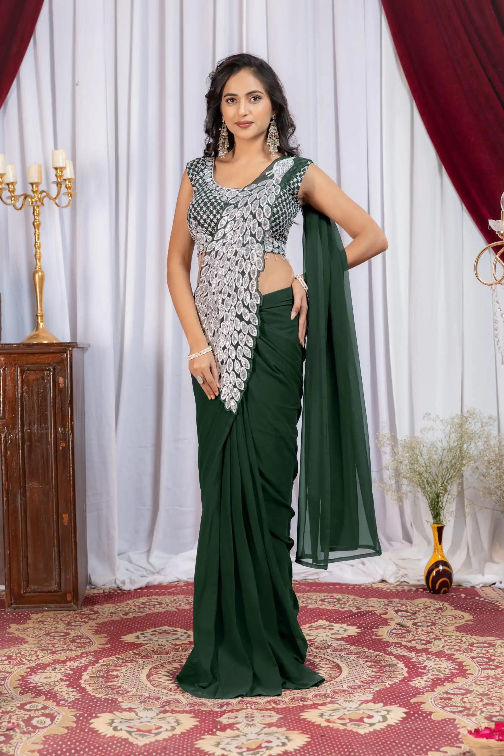 ST 1165 Green Faux Georgette Saree with Embroidery Work & Sequins Work. Now at just ₹1799. Delivery 4-6 Working Days. Shop now. | Bollywood Sarees, Creative Sarees, Designer Sarees, Embroidered Sarees, Ethnic Saree, Modern Digital sarees, Party Wear Sarees, Sarees