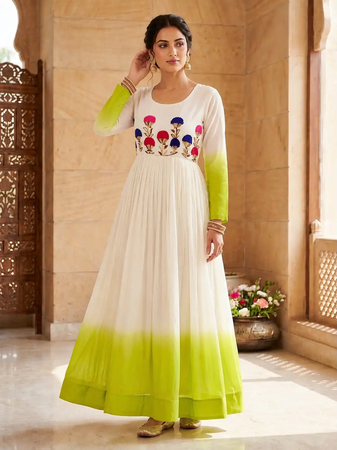 KA 1263 Green |Star Georgette Gown with Thread Embroidery & Embroidery Work. Special Price ₹1669. Delivery 4-6 Working Days. Shop now. | Bollywood Gowns, Creative Gowns, Designer Gowns, Embroidered Gowns, Gowns, Party Wear Gowns