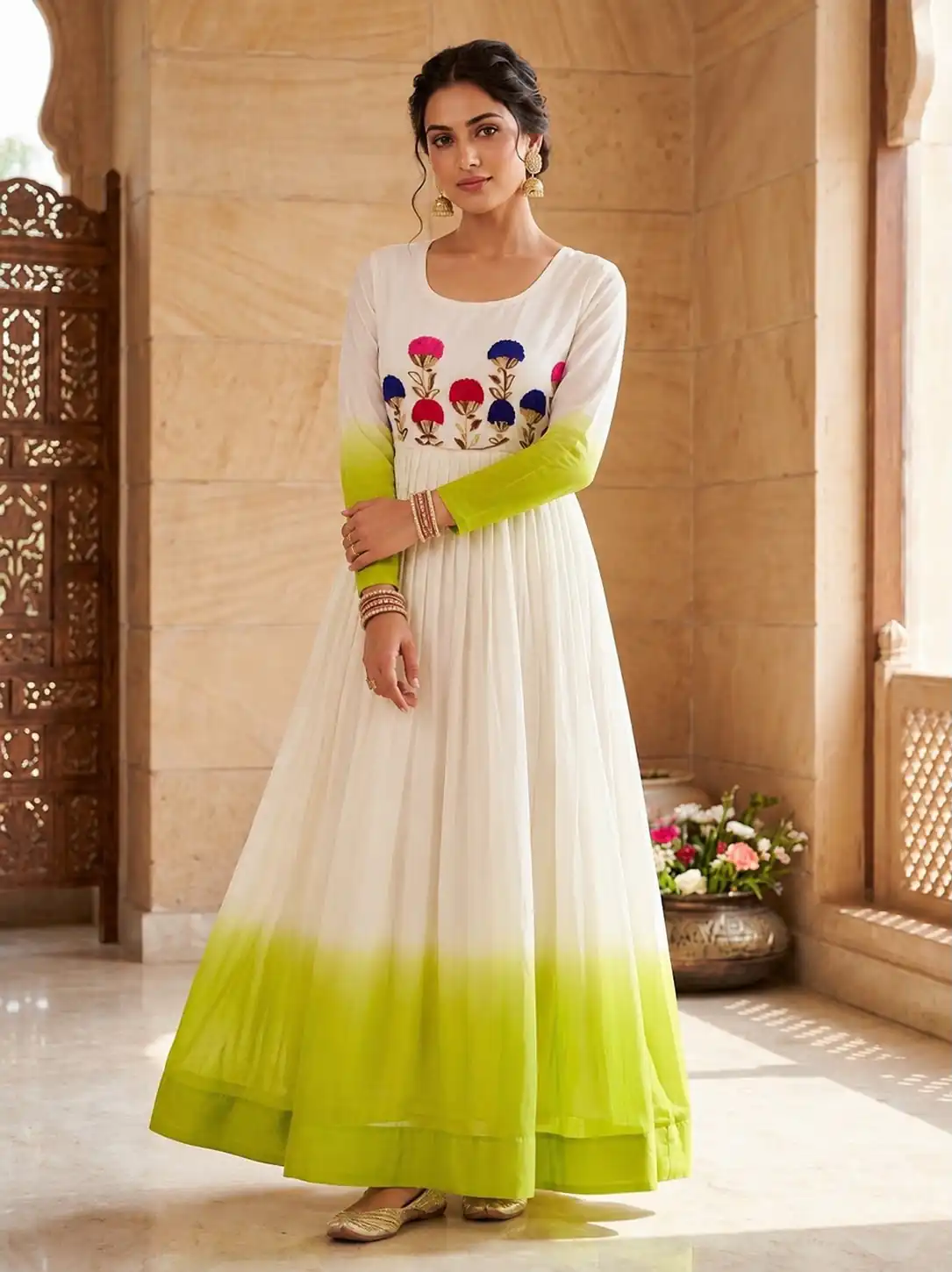 KA 1263 Green |Star Georgette Gown with Thread Embroidery & Embroidery Work. Special Price ₹1669. Delivery 4-6 Working Days. Shop now. | Bollywood Gowns, Creative Gowns, Designer Gowns, Embroidered Gowns, Gowns, Party Wear Gowns
