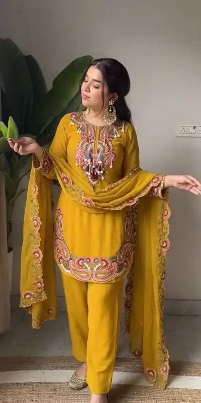 SRK 5348 Mustered Color Georgette Mirror Embroidery Work Salwar Suit . Best Price ₹2399. Delivery 4-6 Working Days. Shop now. | Jump Suits, Straight Suits, Casual Suits, Creative suits, Designer Suits, Palazzo Suits, Party Wear Suits, Patiala Suits, Salwar suit