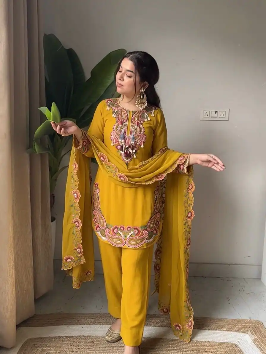 SRK 5348 Mustered Color Georgette Mirror Embroidery Work Salwar Suit . Best Price ₹2399. Delivery 4-6 Working Days. Shop now. | Jump Suits, Straight Suits, Casual Suits, Creative suits, Designer Suits, Palazzo Suits, Party Wear Suits, Patiala Suits, Salwar suit