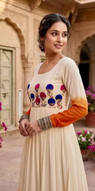 KA 1263 Orange |Star Georgette Gown with Thread Embroidery & Embroidery Work. Special Price ₹1669. Delivery 4-6 Working Days. Shop now. | Bollywood Gowns, Creative Gowns, Designer Gowns, Embroidered Gowns, Gowns, Party Wear Gowns
