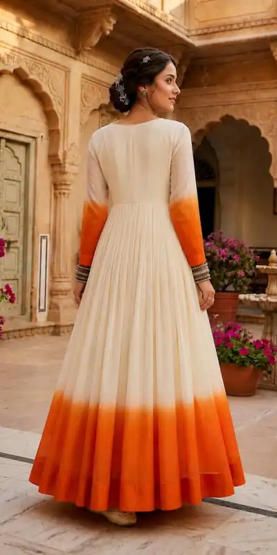 KA 1263 Orange |Star Georgette Gown with Thread Embroidery & Embroidery Work. Special Price ₹1669. Delivery 4-6 Working Days. Shop now. | Bollywood Gowns, Creative Gowns, Designer Gowns, Embroidered Gowns, Gowns, Party Wear Gowns