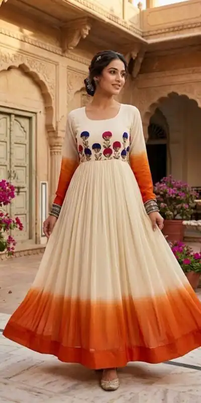 KA 1263 Orange |Star Georgette Gown with Thread Embroidery & Embroidery Work. Special Price ₹1669. Delivery 4-6 Working Days. Shop now. | Bollywood Gowns, Creative Gowns, Designer Gowns, Embroidered Gowns, Gowns, Party Wear Gowns