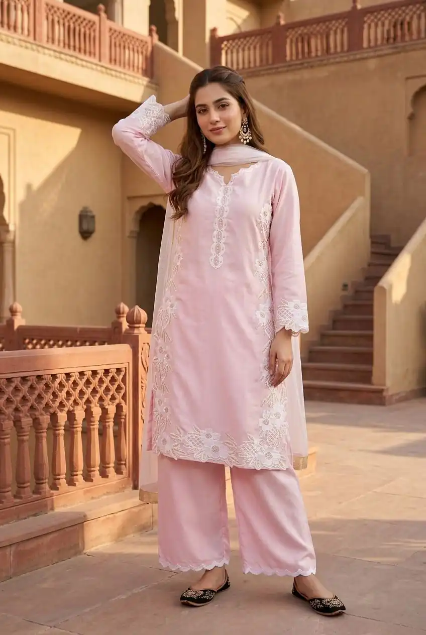 ST 213 Pink Color Natural Crep Salwar Suit with Embroidery Work. Wedding, Party, Festive, Best Price ₹1899. Delivery 4-6 Working Days. Shop now. | Jump Suits, Straight Suits, Casual Suits, Creative suits, Designer Suits, Palazzo Suits, Party Wear Suits, Patiala Suits, Salwar suit