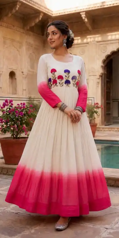 KA 1263 Pink |Star Georgette Gown with Thread Embroidery & Embroidery Work. Special Price ₹1669. Delivery 4-6 Working Days. Shop now. | Bollywood Gowns, Creative Gowns, Designer Gowns, Embroidered Gowns, Gowns, Party Wear Gowns