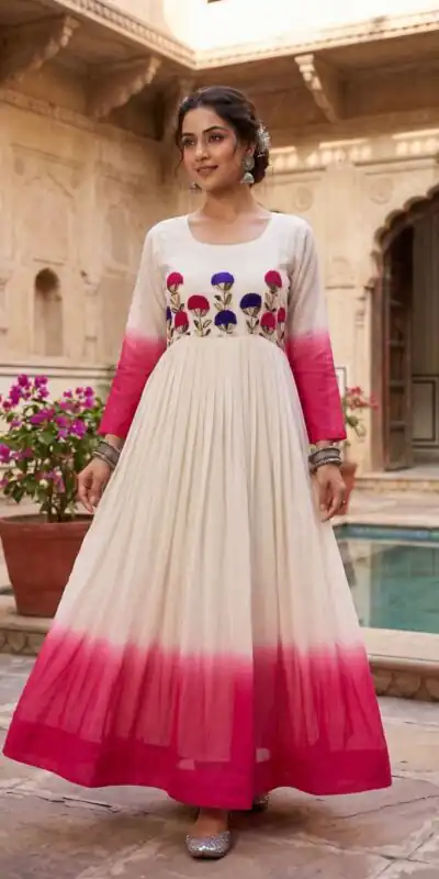 KA 1263 Pink |Star Georgette Gown with Thread Embroidery & Embroidery Work. Special Price ₹1669. Delivery 4-6 Working Days. Shop now. | Bollywood Gowns, Creative Gowns, Designer Gowns, Embroidered Gowns, Gowns, Party Wear Gowns