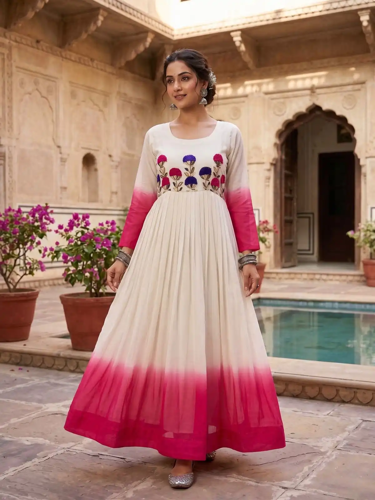 KA 1263 Pink |Star Georgette Gown with Thread Embroidery & Embroidery Work. Special Price ₹1669. Delivery 4-6 Working Days. Shop now. | Bollywood Gowns, Creative Gowns, Designer Gowns, Embroidered Gowns, Gowns, Party Wear Gowns