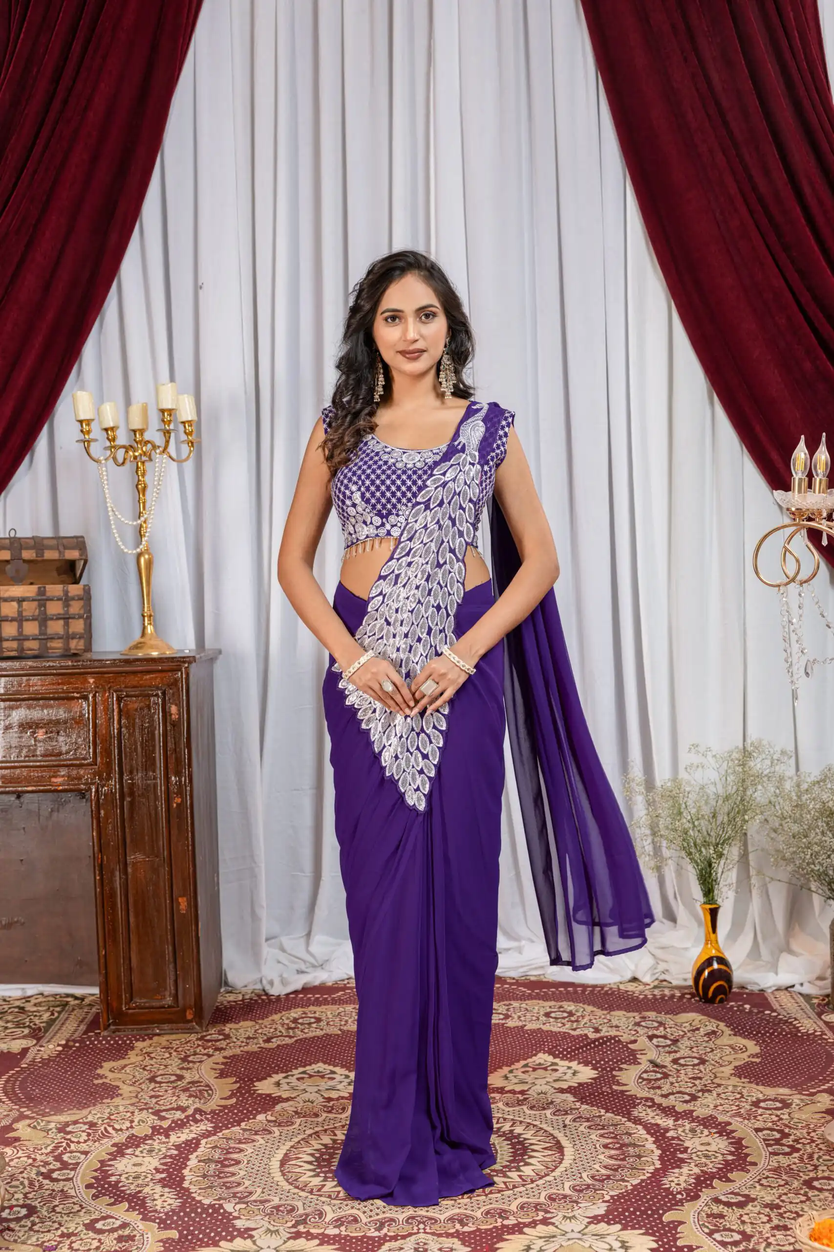 ST 1165 Purple Faux Georgette Saree with Embroidery Work & Sequins Work. Now at just ₹1799. Delivery 4-6 Working Days. Shop now. | Bollywood Sarees, Creative Sarees, Designer Sarees, Embroidered Sarees, Ethnic Saree, Modern Digital sarees, Party Wear Sarees, Sarees