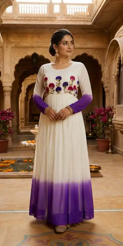 KA 1263 Purple |Star Georgette Gown with Thread Embroidery & Embroidery Work. Special Price ₹1669. Delivery 4-6 Working Days. Shop now. | Bollywood Gowns, Creative Gowns, Designer Gowns, Embroidered Gowns, Gowns, Party Wear Gowns
