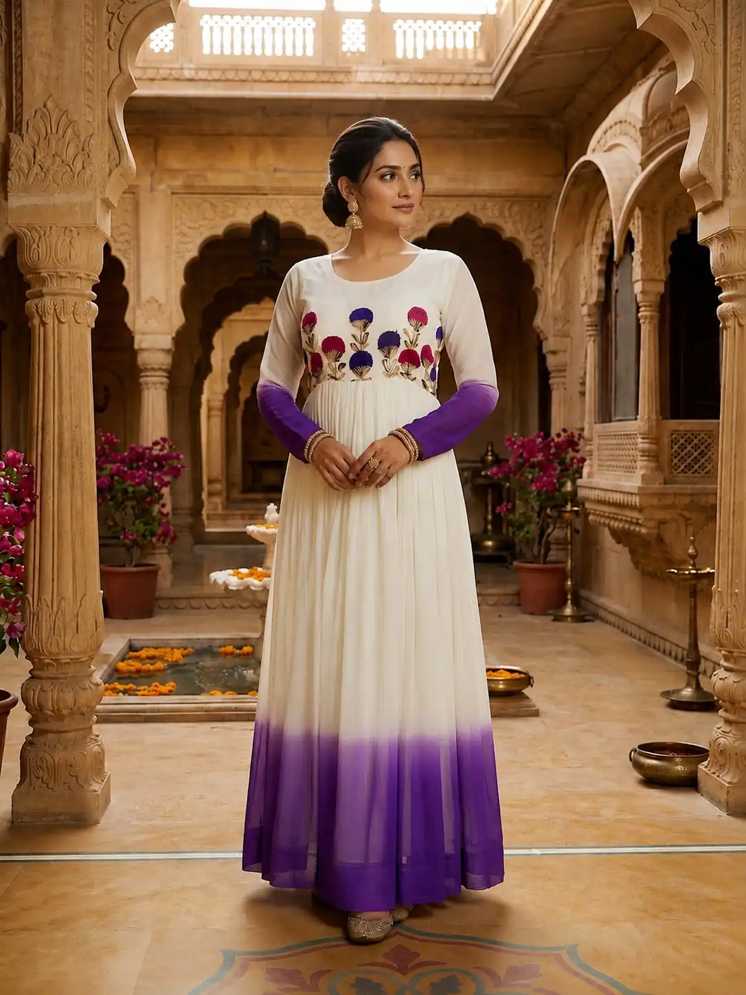 KA 1263 Purple |Star Georgette Gown with Thread Embroidery & Embroidery Work. Special Price ₹1669. Delivery 4-6 Working Days. Shop now. | Bollywood Gowns, Creative Gowns, Designer Gowns, Embroidered Gowns, Gowns, Party Wear Gowns
