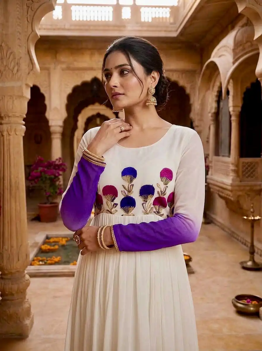 KA 1263 Purple |Star Georgette Gown with Thread Embroidery & Embroidery Work. Special Price ₹1669. Delivery 4-6 Working Days. Shop now. | Bollywood Gowns, Creative Gowns, Designer Gowns, Embroidered Gowns, Gowns, Party Wear Gowns