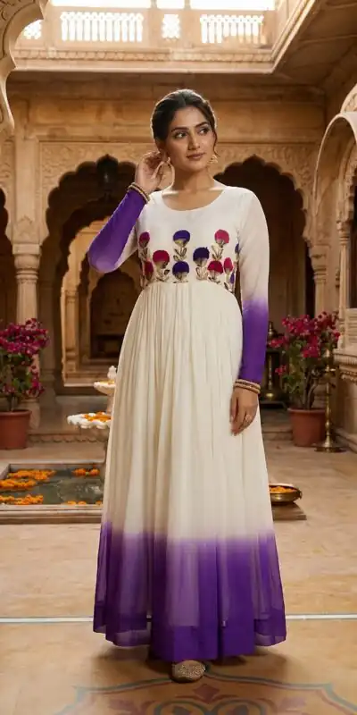 KA 1263 Purple |Star Georgette Gown with Thread Embroidery & Embroidery Work. Special Price ₹1669. Delivery 4-6 Working Days. Shop now. | Bollywood Gowns, Creative Gowns, Designer Gowns, Embroidered Gowns, Gowns, Party Wear Gowns