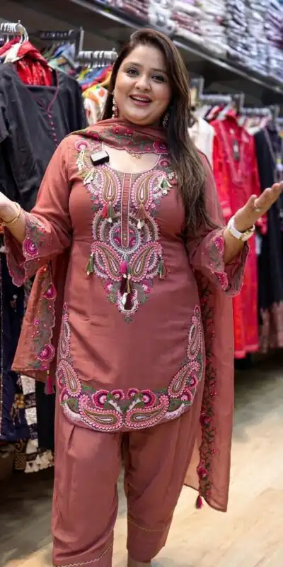 SRK 5348 Rust Color Georgette Mirror Embroidery Work Salwar Suit . Best Price ₹2399. Delivery 4-6 Working Days. Shop now. | Jump Suits, Straight Suits, Casual Suits, Creative suits, Designer Suits, Palazzo Suits, Party Wear Suits, Patiala Suits, Salwar suit