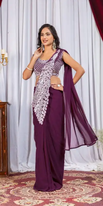ST 1165 Wine Faux Georgette Saree with Embroidery Work & Sequins Work. Now at just ₹1799. Delivery 4-6 Working Days. Shop now. | Bollywood Sarees, Creative Sarees, Designer Sarees, Embroidered Sarees, Ethnic Saree, Modern Digital sarees, Party Wear Sarees, Sarees