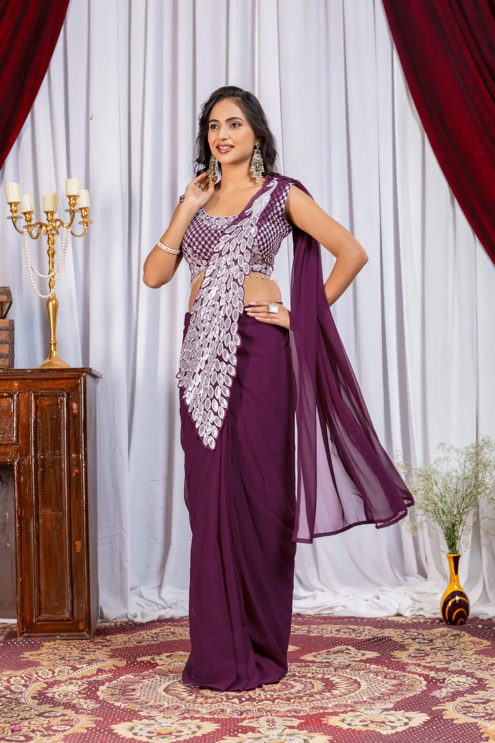 ST 1165 Wine Faux Georgette Saree with Embroidery Work & Sequins Work. Now at just ₹1799. Delivery 4-6 Working Days. Shop now. | Bollywood Sarees, Creative Sarees, Designer Sarees, Embroidered Sarees, Ethnic Saree, Modern Digital sarees, Party Wear Sarees, Sarees
