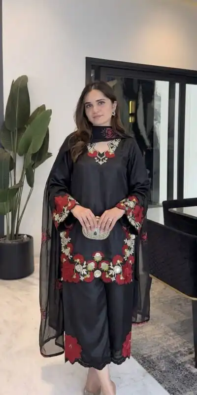 ZSR 3171 Black Color Roman Silk Salwar Suit with Embroidery Work. Available at ₹2449 only. Delivery 4-6 Working Days. Shop now. | Jump Suits, Straight Suits, Casual Suits, Creative suits, Designer Suits, Palazzo Suits, Party Wear Suits, Patiala Suits, Salwar suit