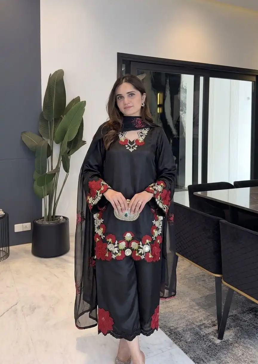 ZSR 3171 Black Color Roman Silk Salwar Suit with Embroidery Work. Available at ₹2449 only. Delivery 4-6 Working Days. Shop now. | Jump Suits, Straight Suits, Casual Suits, Creative suits, Designer Suits, Palazzo Suits, Party Wear Suits, Patiala Suits, Salwar suit