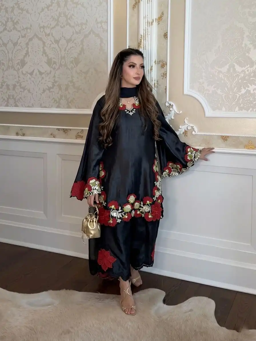 ZSR 3171 Black Color Roman Silk Salwar Suit with Embroidery Work. Available at ₹2449 only. Delivery 4-6 Working Days. Shop now. | Jump Suits, Straight Suits, Casual Suits, Creative suits, Designer Suits, Palazzo Suits, Party Wear Suits, Patiala Suits, Salwar suit
