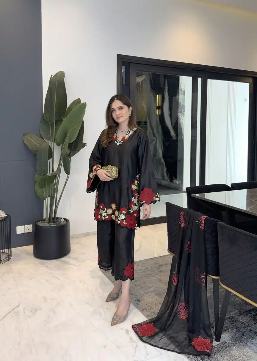 ZSR 3171 Black Color Roman Silk Salwar Suit with Embroidery Work. Available at ₹2449 only. Delivery 4-6 Working Days. Shop now. | Jump Suits, Straight Suits, Casual Suits, Creative suits, Designer Suits, Palazzo Suits, Party Wear Suits, Patiala Suits, Salwar suit