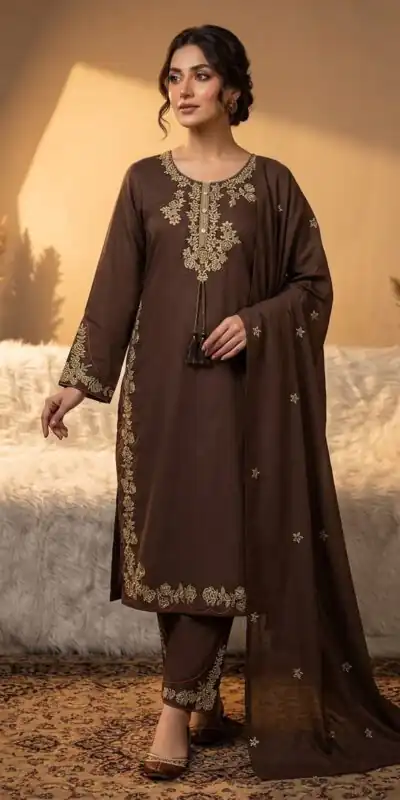 BE 473 Brown Color Roman Silk Salwar Suit with Embroidery Work. Available at ₹1999 only. Delivery 4-6 Working Days. Shop now. | Jump Suits, Straight Suits, Casual Suits, Creative suits, Designer Suits, Palazzo Suits, Party Wear Suits, Patiala Suits, Salwar suit