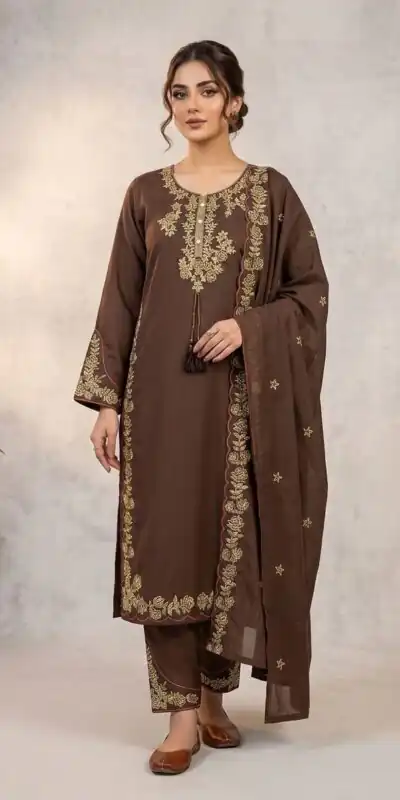 BE 473 Brown Color Roman Silk Salwar Suit with Embroidery Work. Available at ₹1999 only. Delivery 4-6 Working Days. Shop now. | Jump Suits, Straight Suits, Casual Suits, Creative suits, Designer Suits, Palazzo Suits, Party Wear Suits, Patiala Suits, Salwar suit