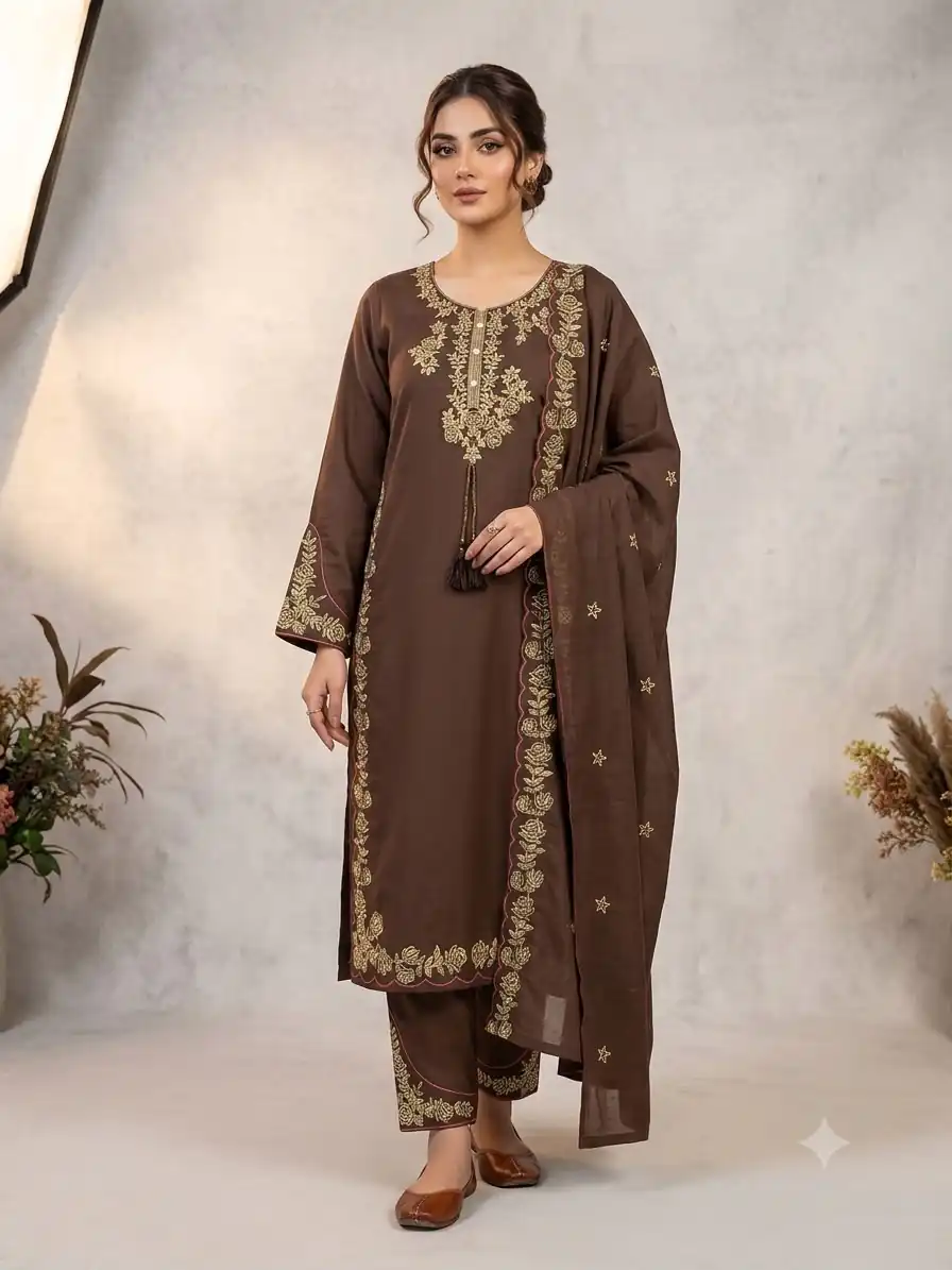 BE 473 Brown Color Roman Silk Salwar Suit with Embroidery Work. Available at ₹1999 only. Delivery 4-6 Working Days. Shop now. | Jump Suits, Straight Suits, Casual Suits, Creative suits, Designer Suits, Palazzo Suits, Party Wear Suits, Patiala Suits, Salwar suit