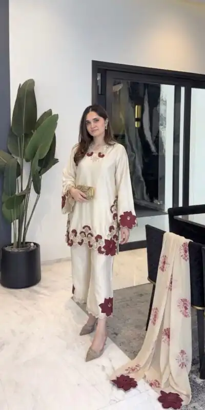 ZSR 3171 Cream Color Roman Silk Salwar Suit with Embroidery Work. Available at ₹2449 only. Delivery 4-6 Working Days. Shop now. | Jump Suits, Straight Suits, Casual Suits, Creative suits, Designer Suits, Palazzo Suits, Party Wear Suits, Patiala Suits, Salwar suit
