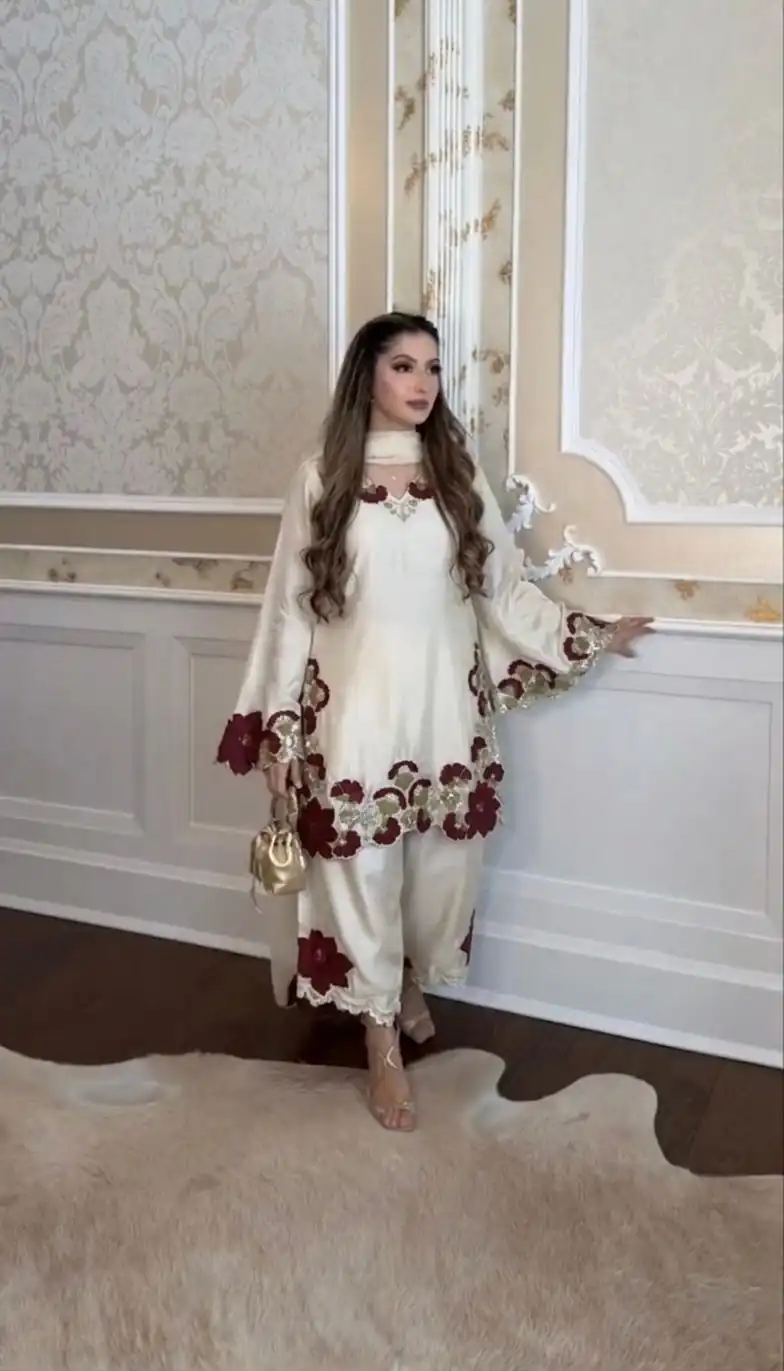 ZSR 3171 Cream Color Roman Silk Salwar Suit with Embroidery Work. Available at ₹2449 only. Delivery 4-6 Working Days. Shop now. | Jump Suits, Straight Suits, Casual Suits, Creative suits, Designer Suits, Palazzo Suits, Party Wear Suits, Patiala Suits, Salwar suit