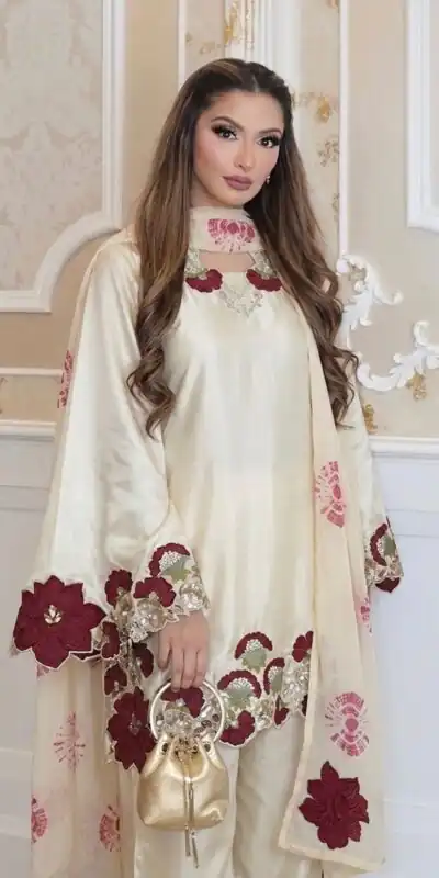 ZSR 3171 Cream Color Roman Silk Salwar Suit with Embroidery Work. Available at ₹2449 only. Delivery 4-6 Working Days. Shop now. | Jump Suits, Straight Suits, Casual Suits, Creative suits, Designer Suits, Palazzo Suits, Party Wear Suits, Patiala Suits, Salwar suit