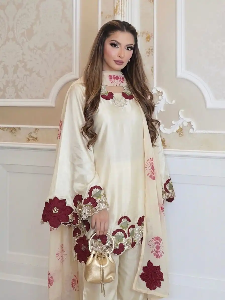 ZSR 3171 Cream Color Roman Silk Salwar Suit with Embroidery Work. Available at ₹2449 only. Delivery 4-6 Working Days. Shop now. | Jump Suits, Straight Suits, Casual Suits, Creative suits, Designer Suits, Palazzo Suits, Party Wear Suits, Patiala Suits, Salwar suit