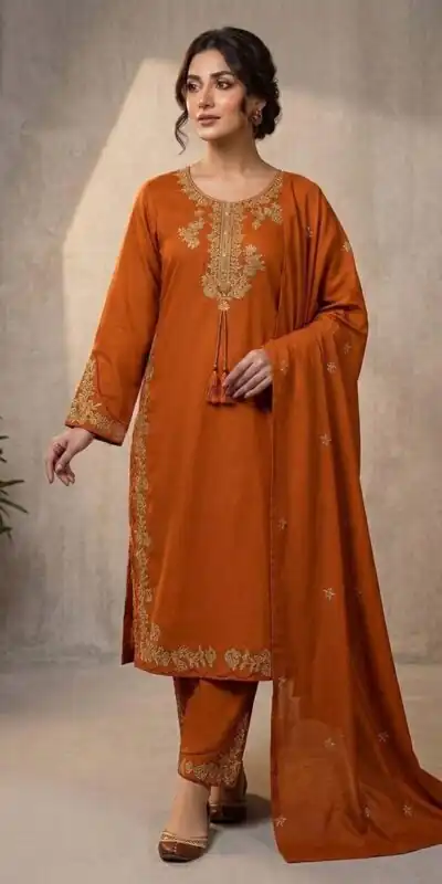 BE 473 Orange Color Roman Silk Salwar Suit with Embroidery Work. Available at ₹1999 only. Delivery 4-6 Working Days. Shop now. | Jump Suits, Straight Suits, Casual Suits, Creative suits, Designer Suits, Palazzo Suits, Party Wear Suits, Patiala Suits, Salwar suit