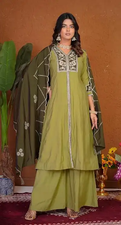 DIVA 152 Pista Color Roman Silk Salwar Suit with Embroidery Work. Available at ₹2399 only. Delivery 4-6 Working Days. Shop now. | Jump Suits, Straight Suits, Casual Suits, Creative suits, Designer Suits, Palazzo Suits, Party Wear Suits, Patiala Suits, Salwar suit