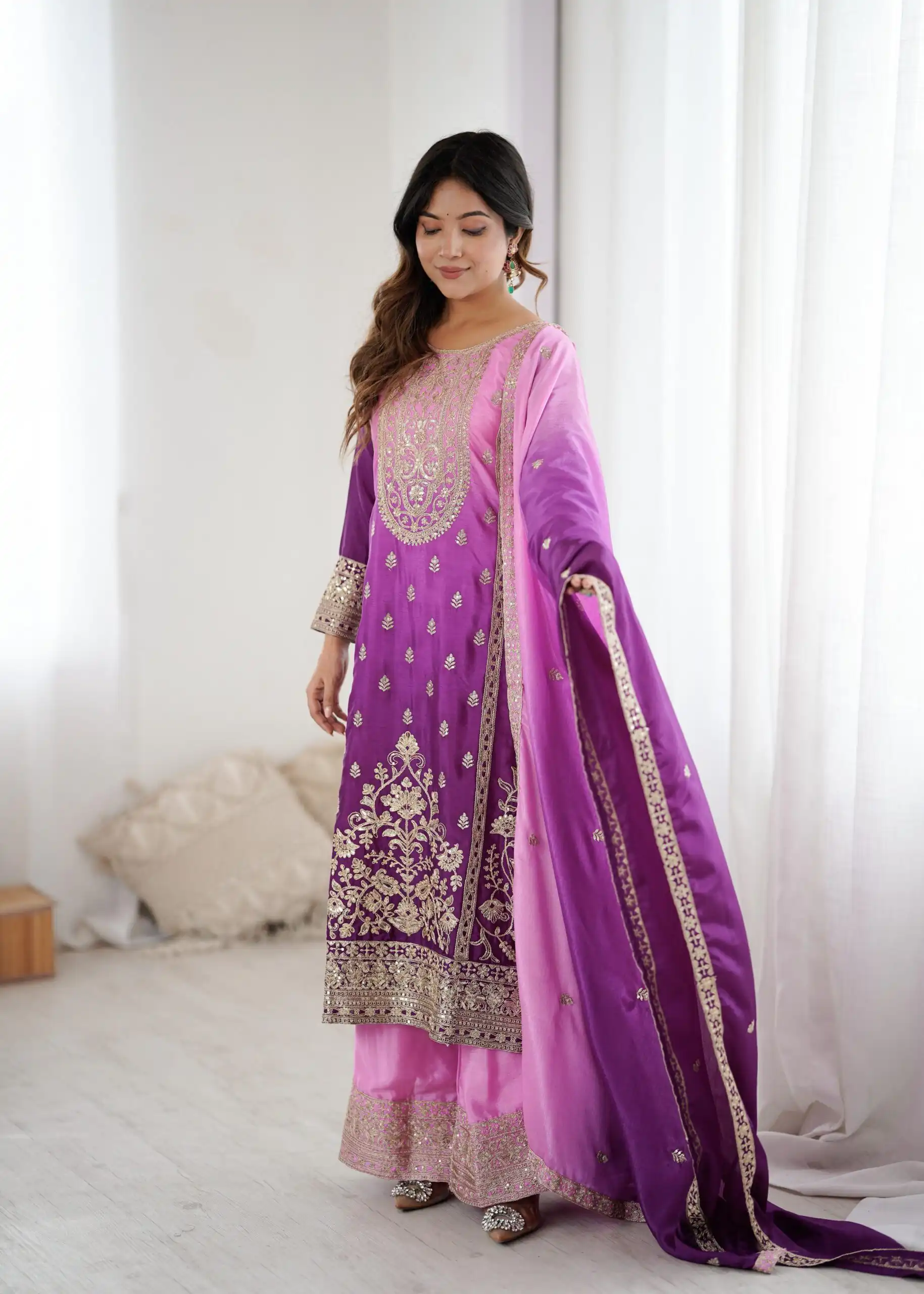 KD 1621 Purple Shaded Chinon silk Salwar Suit with Thread Embroidery. Festive Deal ₹2399. Delivery 4-6 Working Days. Shop now. | Jump Suits, Straight Suits, Casual Suits, Creative suits, Designer Suits, Palazzo Suits, Party Wear Suits, Patiala Suits, Salwar suit