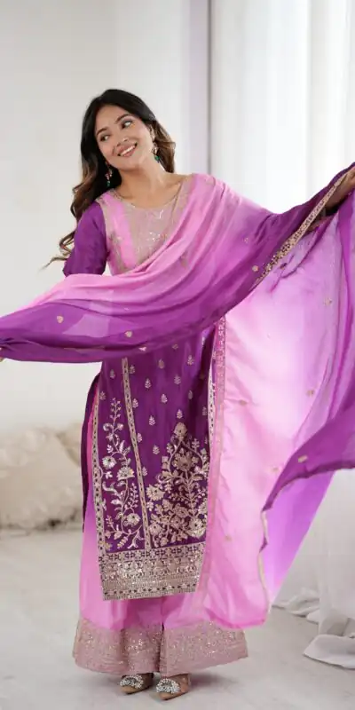 KD 1621 Purple Shaded Chinon silk Salwar Suit with Thread Embroidery. Festive Deal ₹2399. Delivery 4-6 Working Days. Shop now. | Jump Suits, Straight Suits, Casual Suits, Creative suits, Designer Suits, Palazzo Suits, Party Wear Suits, Patiala Suits, Salwar suit