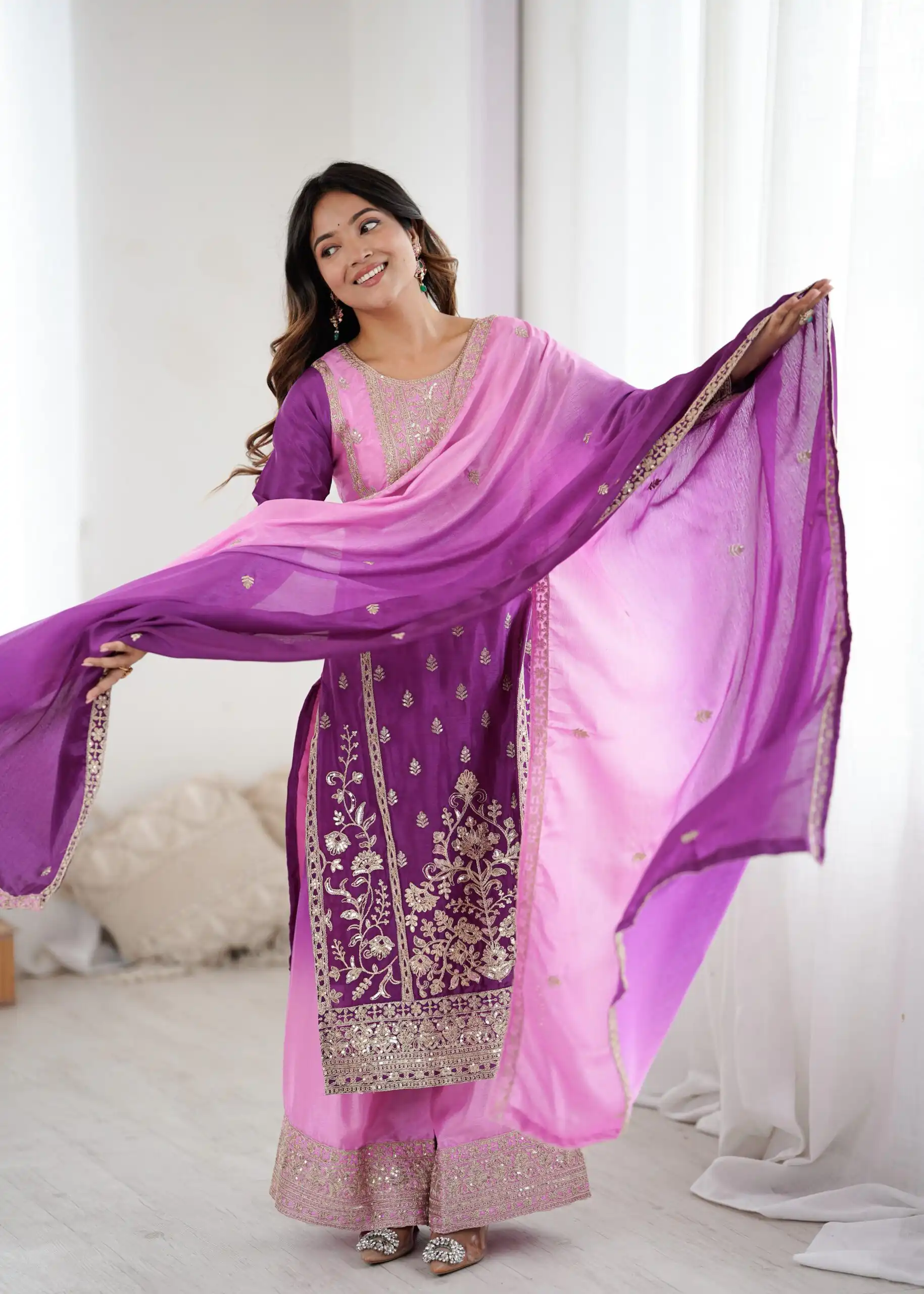KD 1621 Purple Shaded Chinon silk Salwar Suit with Thread Embroidery. Festive Deal ₹2399. Delivery 4-6 Working Days. Shop now. | Jump Suits, Straight Suits, Casual Suits, Creative suits, Designer Suits, Palazzo Suits, Party Wear Suits, Patiala Suits, Salwar suit