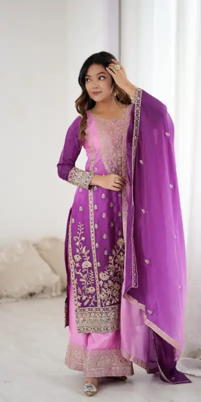 KD 1621 Purple Shaded Chinon silk Salwar Suit with Thread Embroidery. Festive Deal ₹2399. Delivery 4-6 Working Days. Shop now. | Jump Suits, Straight Suits, Casual Suits, Creative suits, Designer Suits, Palazzo Suits, Party Wear Suits, Patiala Suits, Salwar suit