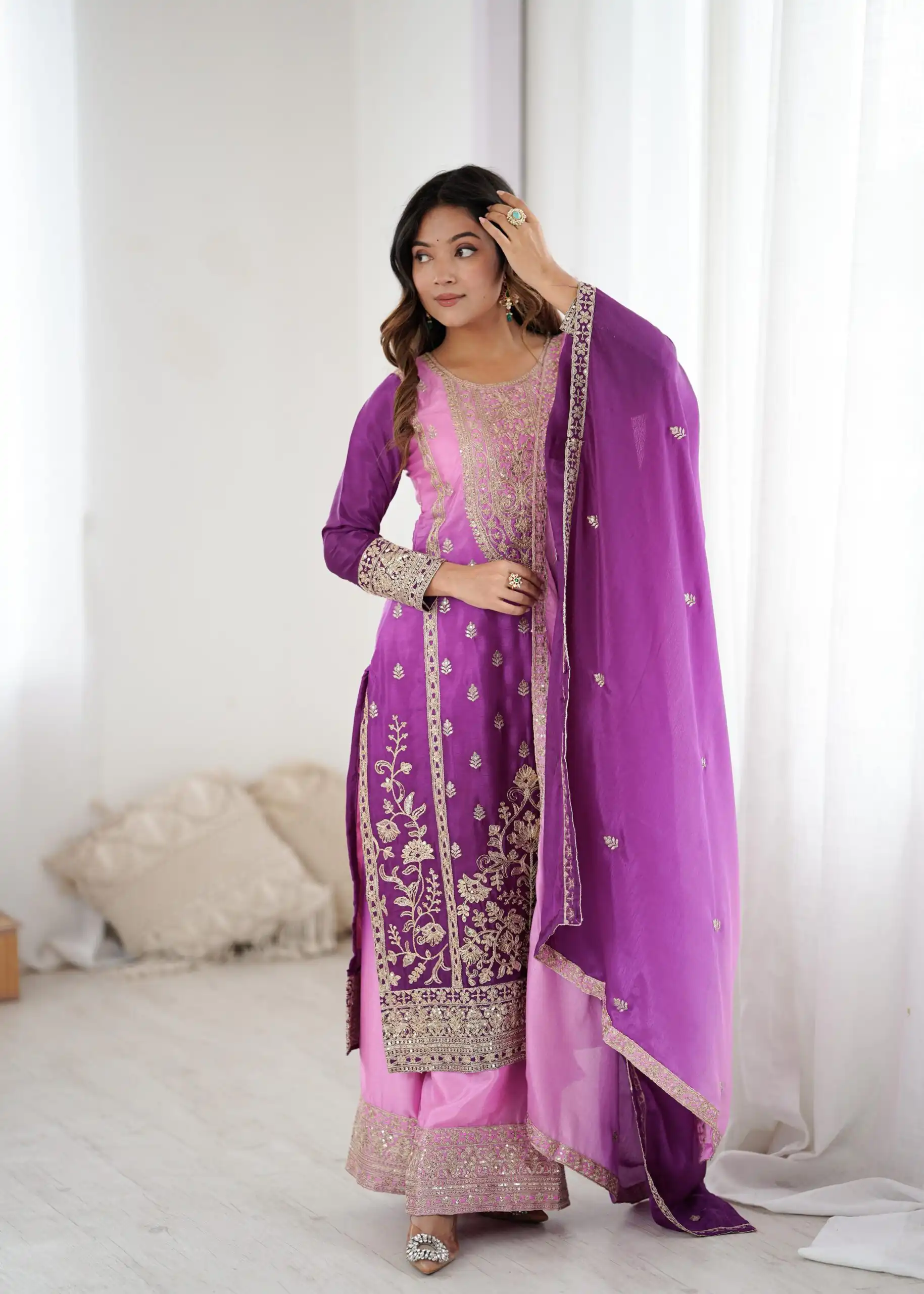 KD 1621 Purple Shaded Chinon silk Salwar Suit with Thread Embroidery. Festive Deal ₹2399. Delivery 4-6 Working Days. Shop now. | Jump Suits, Straight Suits, Casual Suits, Creative suits, Designer Suits, Palazzo Suits, Party Wear Suits, Patiala Suits, Salwar suit