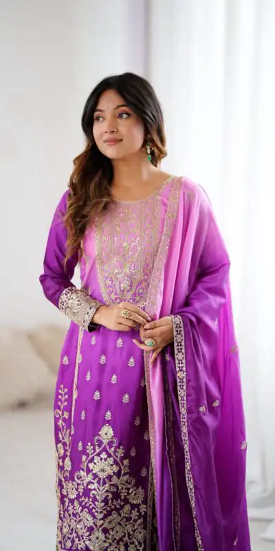 KD 1621 Purple Shaded Chinon silk Salwar Suit with Thread Embroidery. Festive Deal ₹2399. Delivery 4-6 Working Days. Shop now. | Jump Suits, Straight Suits, Casual Suits, Creative suits, Designer Suits, Palazzo Suits, Party Wear Suits, Patiala Suits, Salwar suit