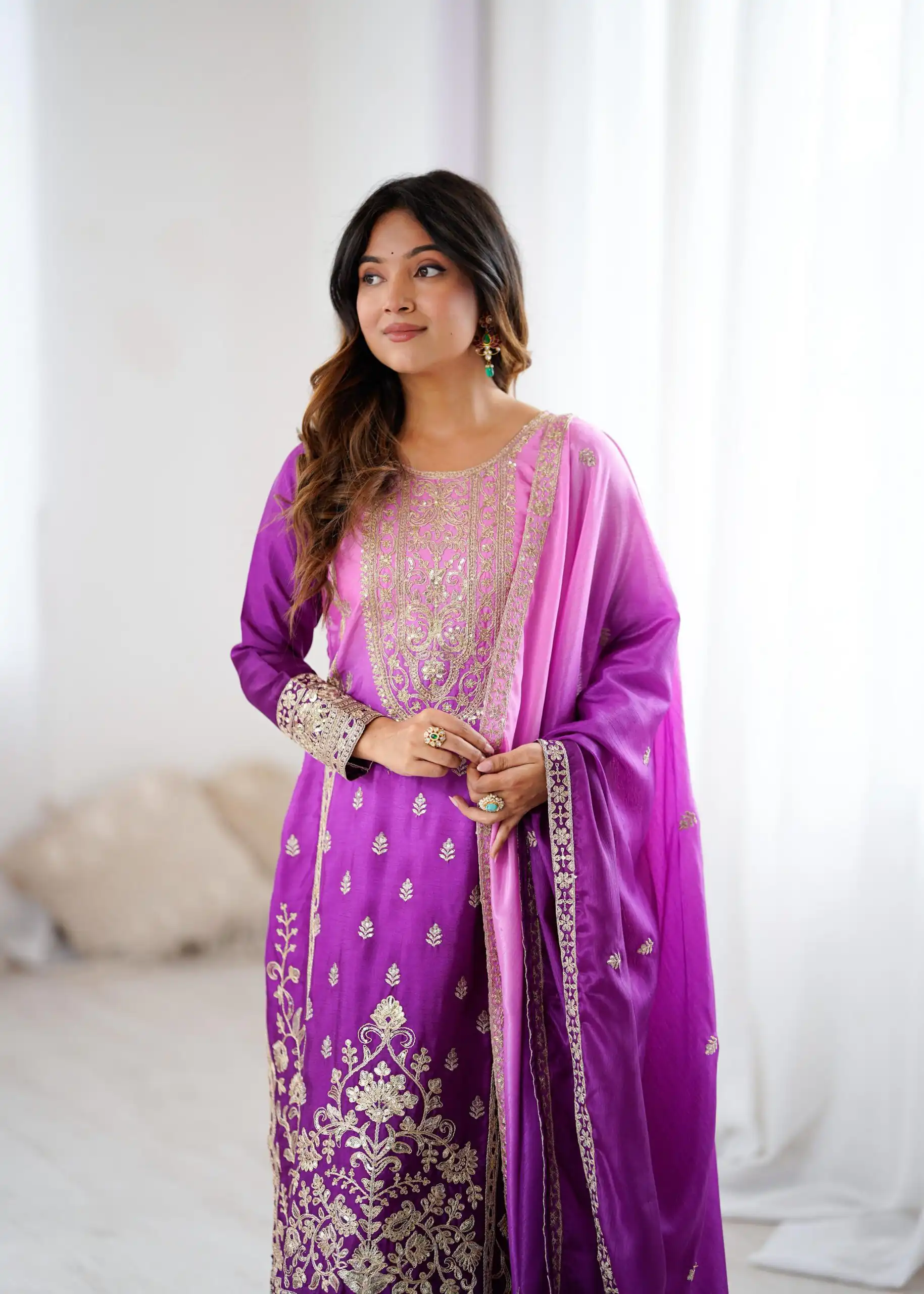 KD 1621 Purple Shaded Chinon silk Salwar Suit with Thread Embroidery. Festive Deal ₹2399. Delivery 4-6 Working Days. Shop now. | Jump Suits, Straight Suits, Casual Suits, Creative suits, Designer Suits, Palazzo Suits, Party Wear Suits, Patiala Suits, Salwar suit