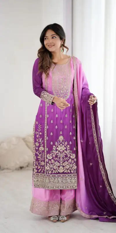KD 1621 Purple Shaded Chinon silk Salwar Suit with Thread Embroidery. Festive Deal ₹2399. Delivery 4-6 Working Days. Shop now. | Jump Suits, Straight Suits, Casual Suits, Creative suits, Designer Suits, Palazzo Suits, Party Wear Suits, Patiala Suits, Salwar suit