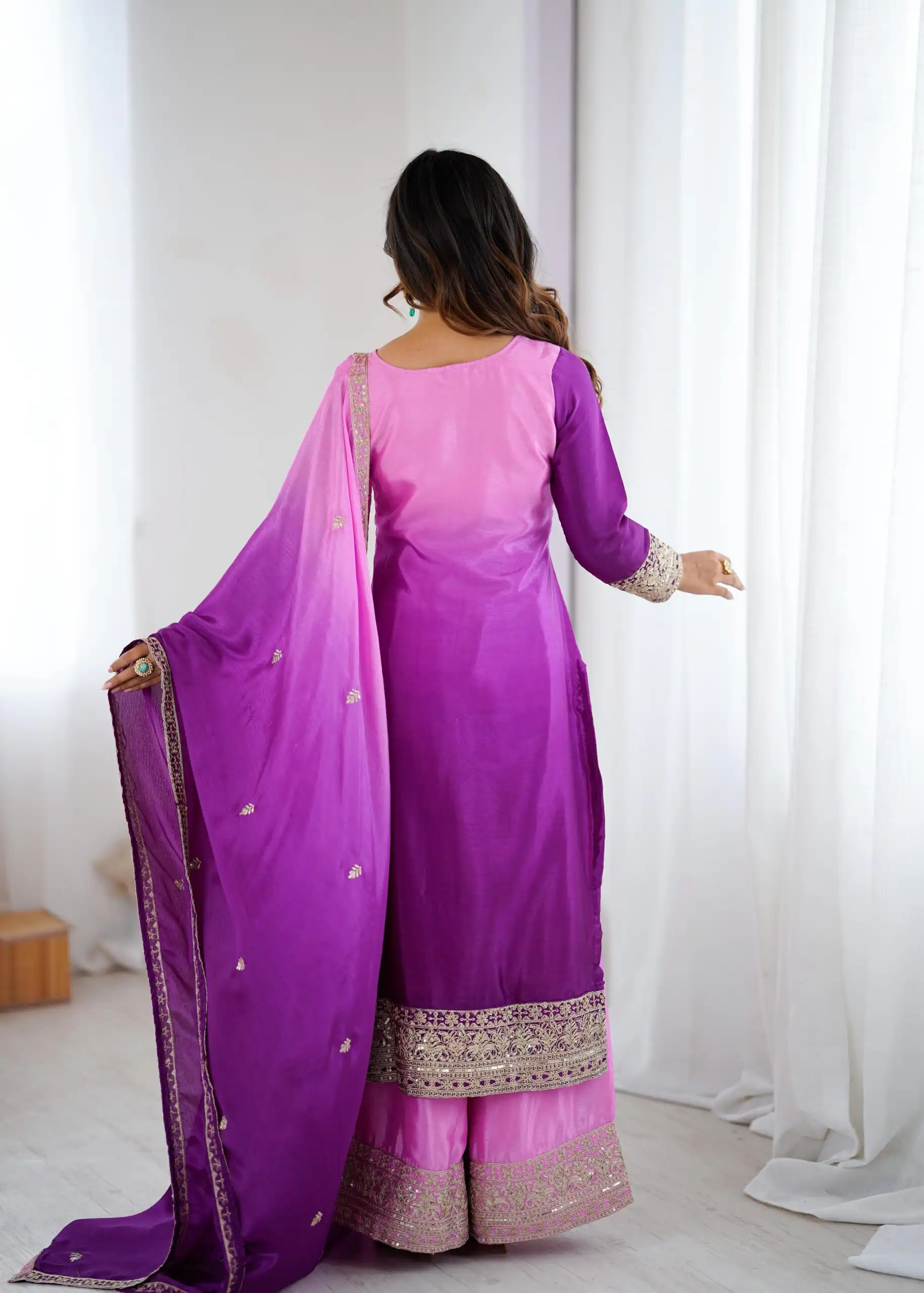KD 1621 Purple Shaded Chinon silk Salwar Suit with Thread Embroidery. Festive Deal ₹2399. Delivery 4-6 Working Days. Shop now. | Jump Suits, Straight Suits, Casual Suits, Creative suits, Designer Suits, Palazzo Suits, Party Wear Suits, Patiala Suits, Salwar suit