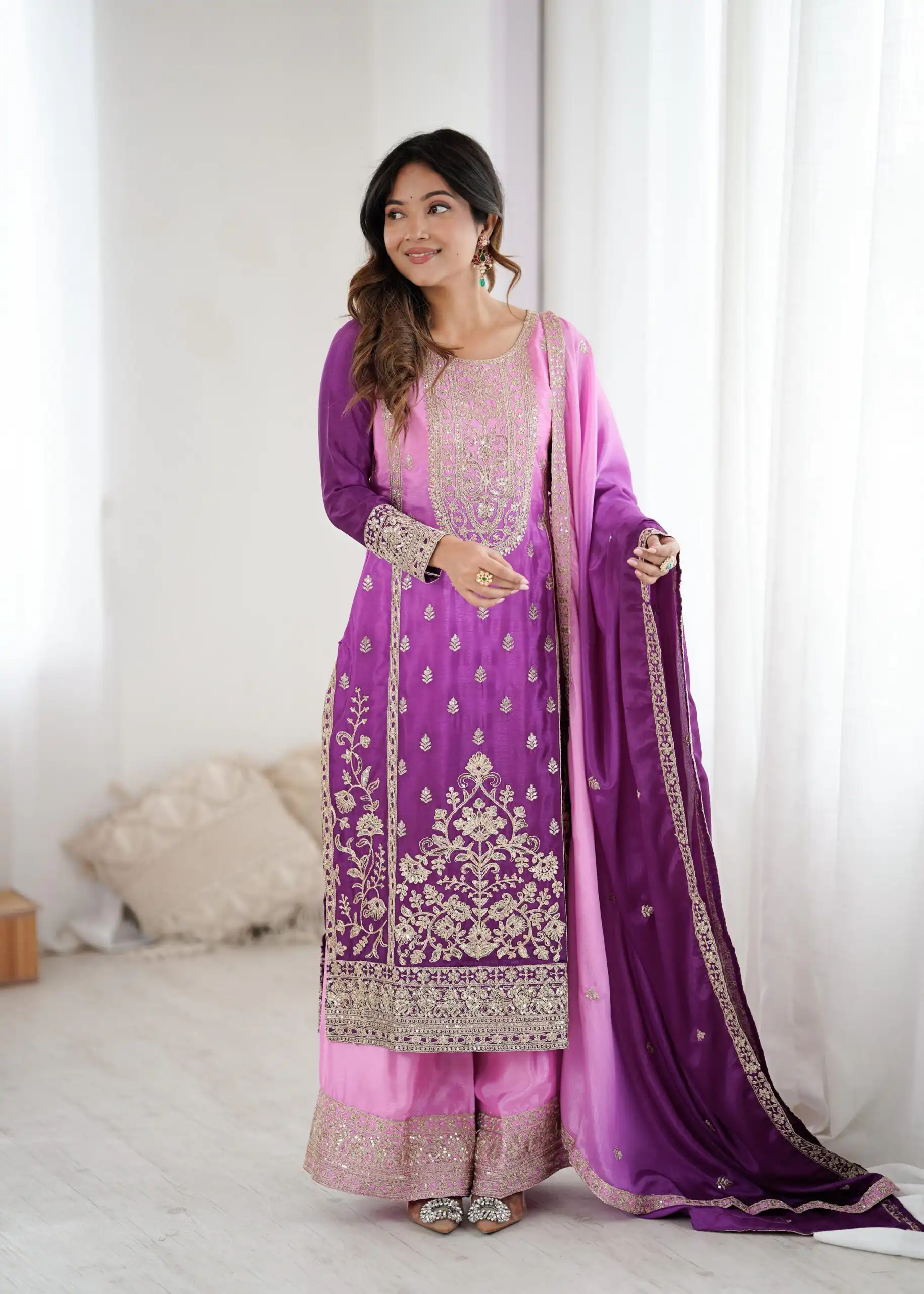 KD 1621 Purple Shaded Chinon silk Salwar Suit with Thread Embroidery. Festive Deal ₹2399. Delivery 4-6 Working Days. Shop now. | Jump Suits, Straight Suits, Casual Suits, Creative suits, Designer Suits, Palazzo Suits, Party Wear Suits, Patiala Suits, Salwar suit