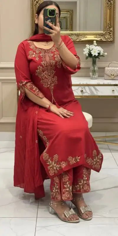 BE 473 Red Color Roman Silk Salwar Suit with Embroidery Work. Available at ₹1999 only. Delivery 4-6 Working Days. Shop now. | Jump Suits, Straight Suits, Casual Suits, Creative suits, Designer Suits, Palazzo Suits, Party Wear Suits, Patiala Suits, Salwar suit