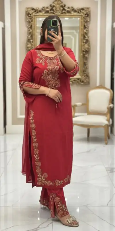 BE 473 Red Color Roman Silk Salwar Suit with Embroidery Work. Available at ₹1999 only. Delivery 4-6 Working Days. Shop now. | Jump Suits, Straight Suits, Casual Suits, Creative suits, Designer Suits, Palazzo Suits, Party Wear Suits, Patiala Suits, Salwar suit