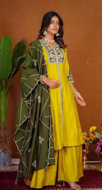 DIVA 152 Yellow Color Roman Silk Salwar Suit with Embroidery Work. Available at ₹2399 only. Delivery 4-6 Working Days. Shop now. | Jump Suits, Straight Suits, Casual Suits, Creative suits, Designer Suits, Palazzo Suits, Party Wear Suits, Patiala Suits, Salwar suit
