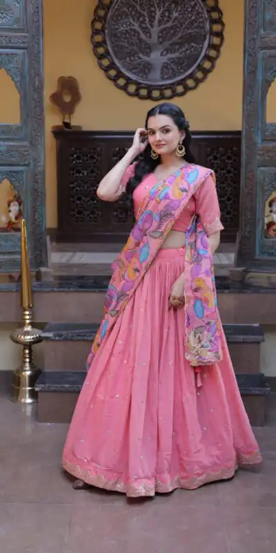 KA 5069 Peach Cosmos Silk Lehenga Choli with Zari & Embroidery Work. Introductory Price ₹2499. Delivery 4-6 Working Days. Shop now. | Bollywood Lehenga, Creative Lehenga, Designer Lehenga, Embroidered Lehenga, Lehenga, Party Wear Lehenga