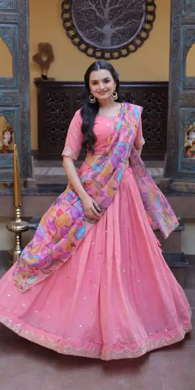 KA 5069 Peach Cosmos Silk Lehenga Choli with Zari & Embroidery Work. Introductory Price ₹2499. Delivery 4-6 Working Days. Shop now. | Bollywood Lehenga, Creative Lehenga, Designer Lehenga, Embroidered Lehenga, Lehenga, Party Wear Lehenga