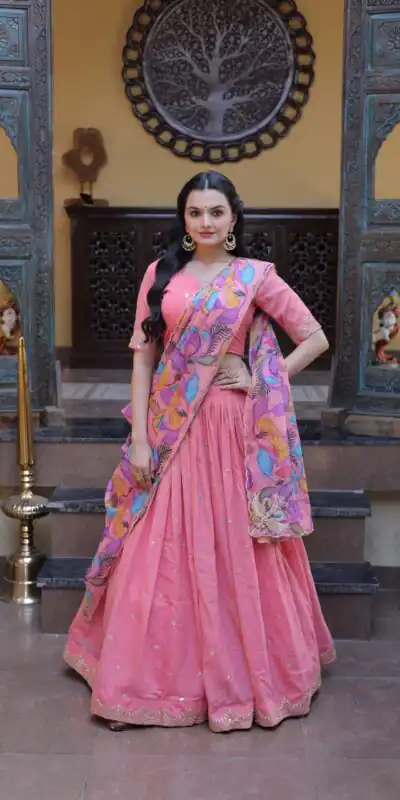 KA 5069 Peach Cosmos Silk Lehenga Choli with Zari & Embroidery Work. Introductory Price ₹2499. Delivery 4-6 Working Days. Shop now. | Bollywood Lehenga, Creative Lehenga, Designer Lehenga, Embroidered Lehenga, Lehenga, Party Wear Lehenga