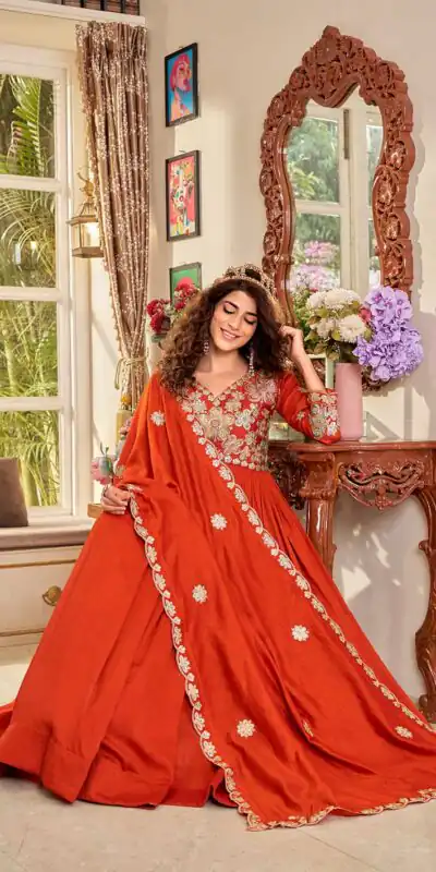 Ram 176 Orange Vichitra Silk Gown Perfect for Wedding, Party, Holi, Anniversary, Mehendi –. Grab it for ₹2049. Delivery 4-6 Working Days. Shop now. | Bollywood Gowns, Creative Gowns, Designer Gowns, Embroidered Gowns, Gowns, Party Wear Gowns